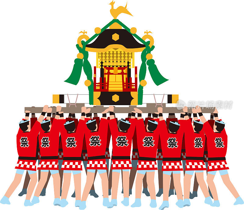 The shrine and the people who carry it. Japanese traditional event. Vector material.